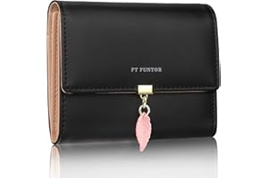 FT FUNTOR RFID Wallets for Women, Leaf Card Holder Trifold Ladies Wallets Coins Zipper Pocket with ID Window Small Black