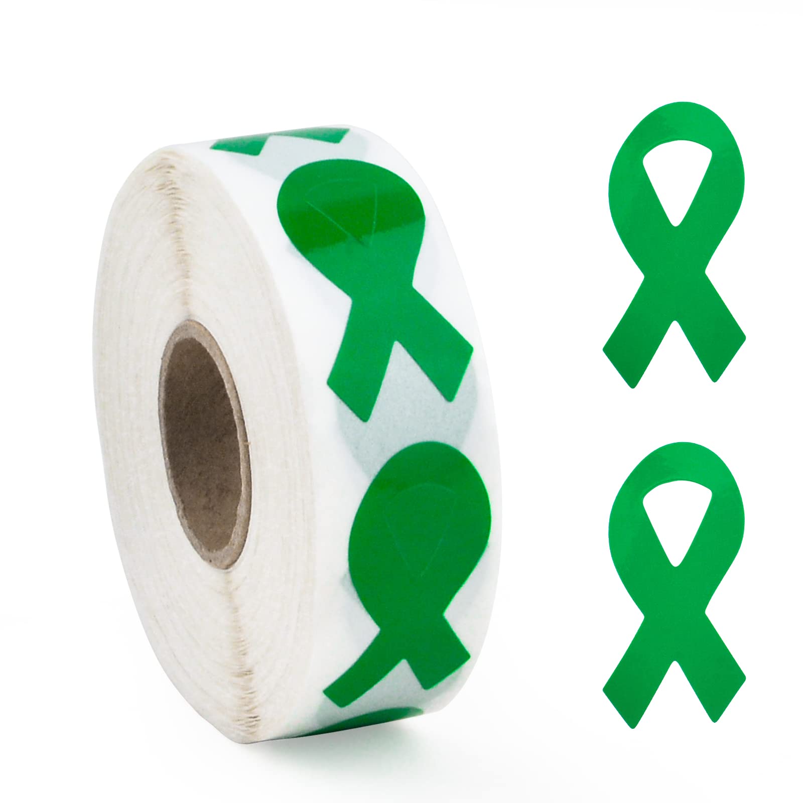 WANDIC 500Pcs/Roll Green Ribbon Mental Health Stickers Mental Health Awareness Adhesive Labels Liver Cancer Stickers Souvenir Adhesive Labels for Charity Event(1.9 * 3.8cm) — image 1