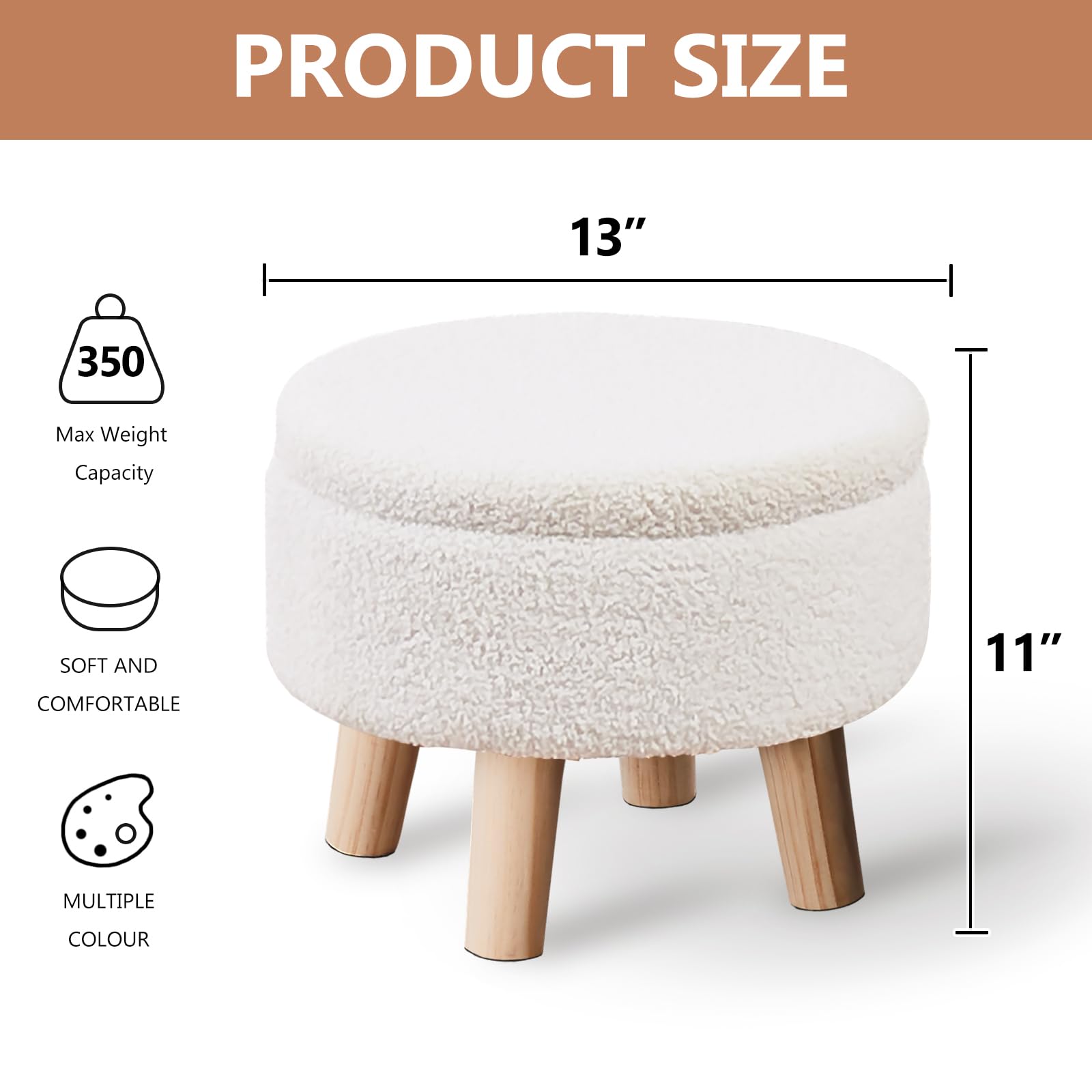 Wimarsbon Storage Ottoman, Modern Round Footrest with Soft Padded Seat, Teddy Velvet Footstool with Wood Legs, Accent Small Table or Plant Stand for Hallway, Living Room (Cream) - Image 3