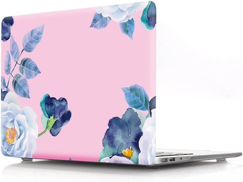 Old MacBook Air 13 Inch Case Without Touch ID, iZi Way Pink Paint Floral Pattern Design Smooth Touch Plastic Hard Shell Case Cover for Model A1466 & A1369 - White Peony Flowers