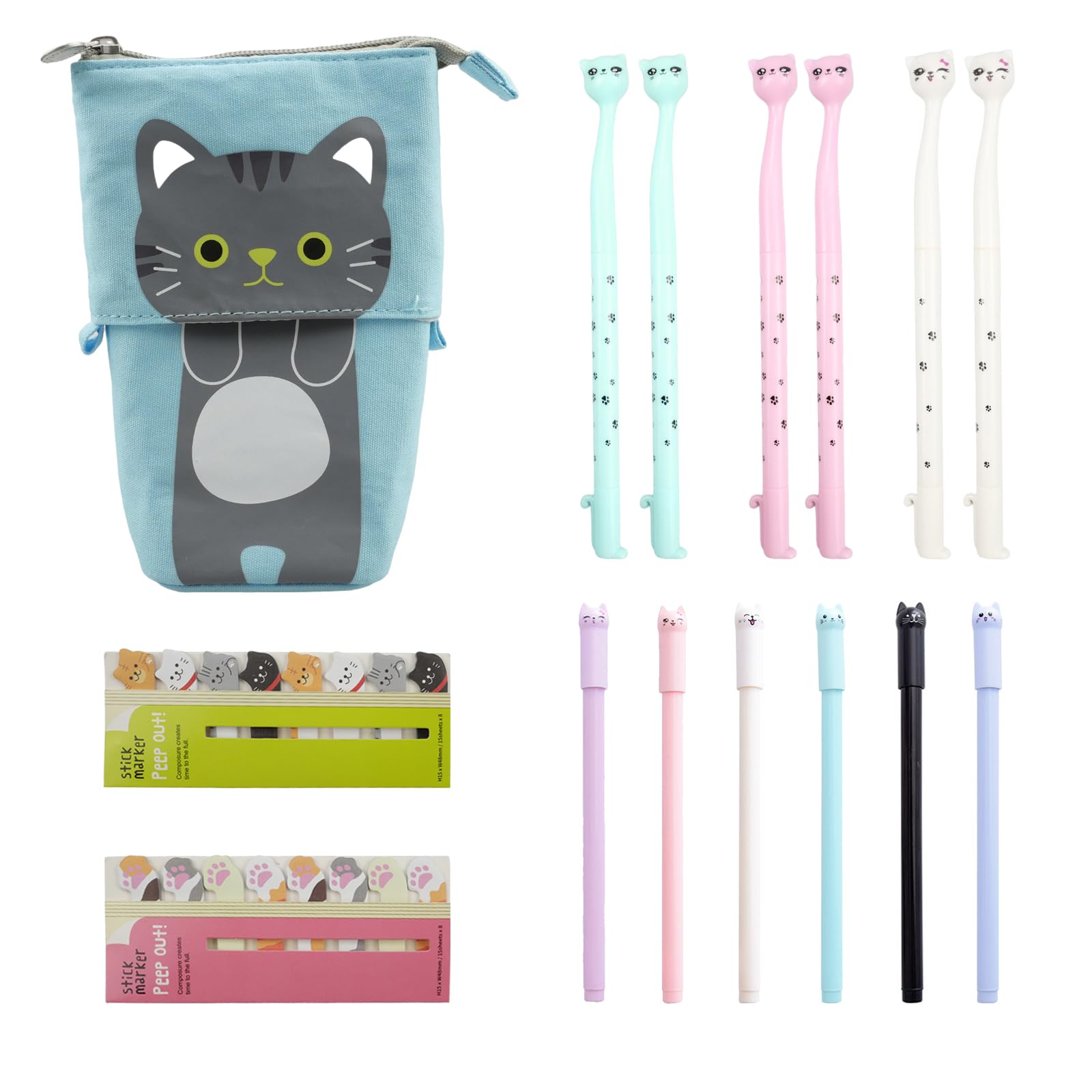 Hocadrv Cute Cat Stationery Set Cartoon Cute Cat Pencil Pouch 1 Telescopic Pencil Case 12 Black Gel Ink Pens 240 Cat Sticky Notes Page Flags Index Tabs for Students School Office Supplies (Blue)