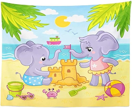 Elephant Art Tapisserie Murale Tapisserie Tenture Murale Bebe Jouant Plage De Sable Mignon Afrique Africaine Animaux Art Tapisserie Art Mural Pour Chambre Salon Dortoir Decor 60 X 90 Pouces Elephant Art Amazon Fr