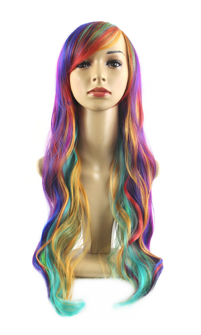 Xiaoyu 14"64cm Harajuku Style Rainbow Color Long Female Curly Cosplay Wig