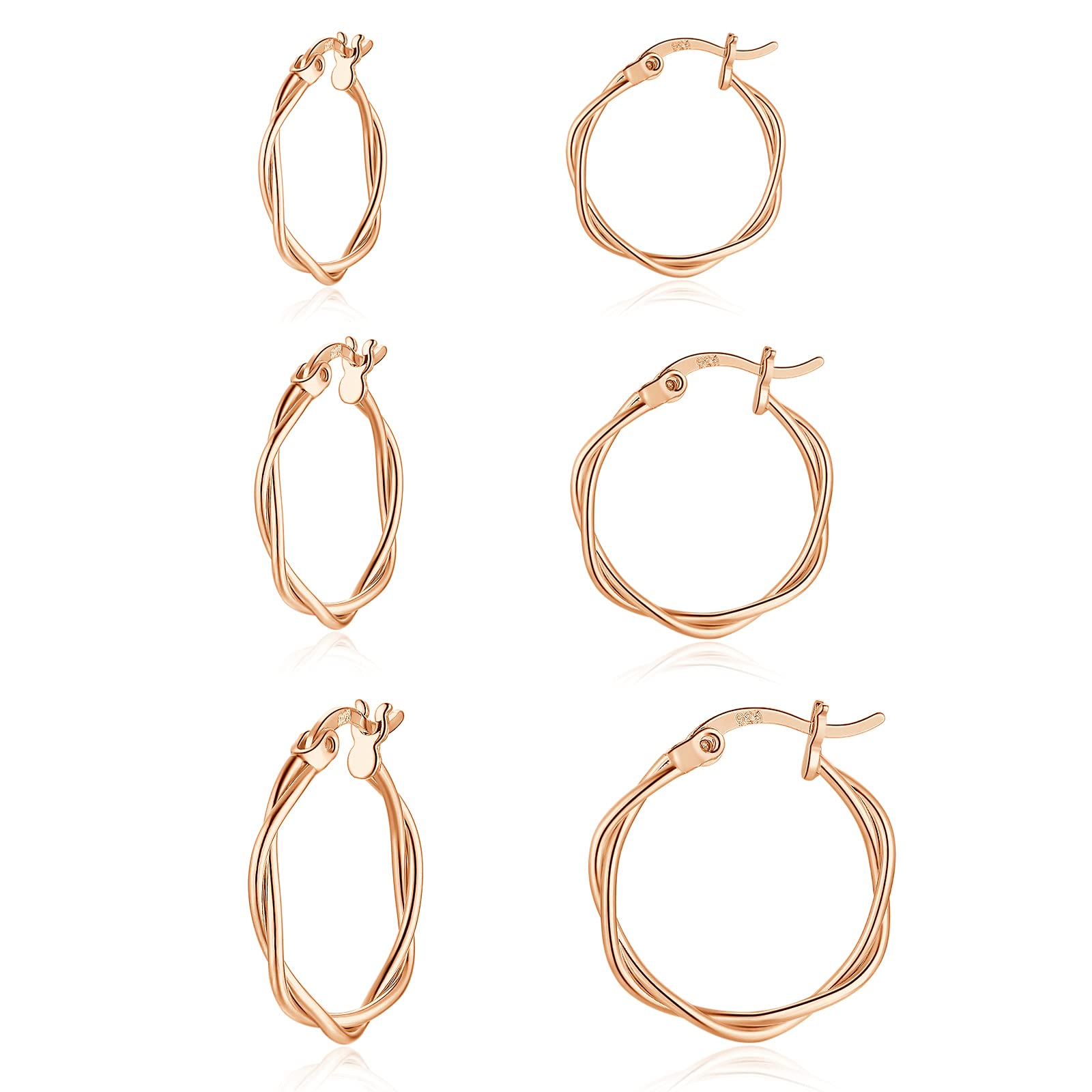 wynn's Silver Hoop Earrings for Women, 3 Pairs Small Sleeper Silver Hoops Earrings Set, Hypoallergenic 925 Sterling Silver Twist Hoop Earrings Set for Women Girls, 13,15,20mm rose gold hoops