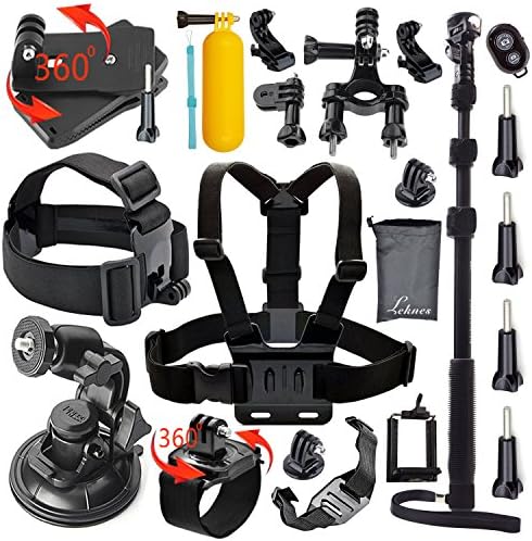 Leknes Common Outdoor Sports Essentials Kit for GoPro Hero 4 3+ 3 2 1 and Sj4000 Sj5000 Sport camera in Parachuting Diving Surfing Rowing Running Cycling Camping And More, Includes: Aluminum Alloy Extendable Selfie Stick Handheld Monopod + Head Belt Strap Mount + Chest Strap + Big Size Car Suction Cup Mount + Floating Handle Grip + Tripod Mount Adapter + Surface J-Hook + 360 Degree Rotary Clip Mount + Bike Handlebar Mount + 360 Degree Rotating Adjustable Wrist Mount + Pouch