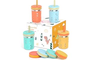Tronco [4 Pack] 10 oz 2-in-1 Stainless Steel Kids Tumbler Cups with Silicone Sleeves, Spill-Resistant Flexible Straws & Storage Lids, BPA-Free Smoothie and Snack Cups, Dishwasher Safe