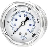 Liquid Filled Center Back Mount Pressure Gauge with 2.5" Dial, 0-500 PSI, 1/4" Male NPT Connection, Stainless Steel CASE and Bezel (1)