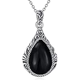 AOBOCO Black Onyx Necklace for Women 925 Sterling Silver Vintage Oxidized 16x11mm Black Agate Teardrop Filigree Pendant Jewelry for Her, with 18" to 20" Chain