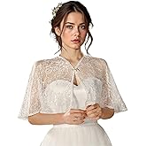NICENEEDED Bridal Wedding Lace Shawls, White Floral Embroidered Shrug Cape Shoulder Covers Scarf with Pearl Button, Women Tulle Shrug Cape for Dress Prom Party