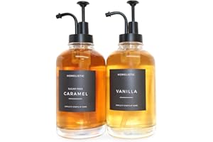 Homelistic Syrup Dispenser for Coffee Bars, Set of 2 Glass Syrup Bottles with Black Pumps, 16.9 oz 500 ml, Coffee Bar Accessories, Includes Sugar Free Coffee Syrup Labels in Black