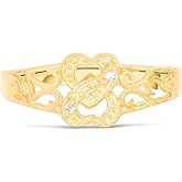Floreo 10k Yellow Gold 7mm Two Interlocked Filligree Hearts CZ Openwork Ring, Sizes 4-10