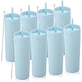 Volhoply 20oz Tumbler with Lid and Straw 8 Pack,Double Wall Plastic Skinny Tumblers Bulk,Reusable Travel Cute Coffee Mug,BPA Free Matte Acrylic Water Cups With Straw for Party,DIY Gifts(Blue, 8 Set)