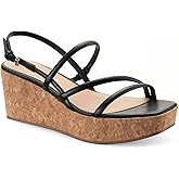 SUN STONE Womens Black 1" Platform Cork-Like Strappy Padded Bella Square Toe Wedge Buckle Slingback Sandal 11 M