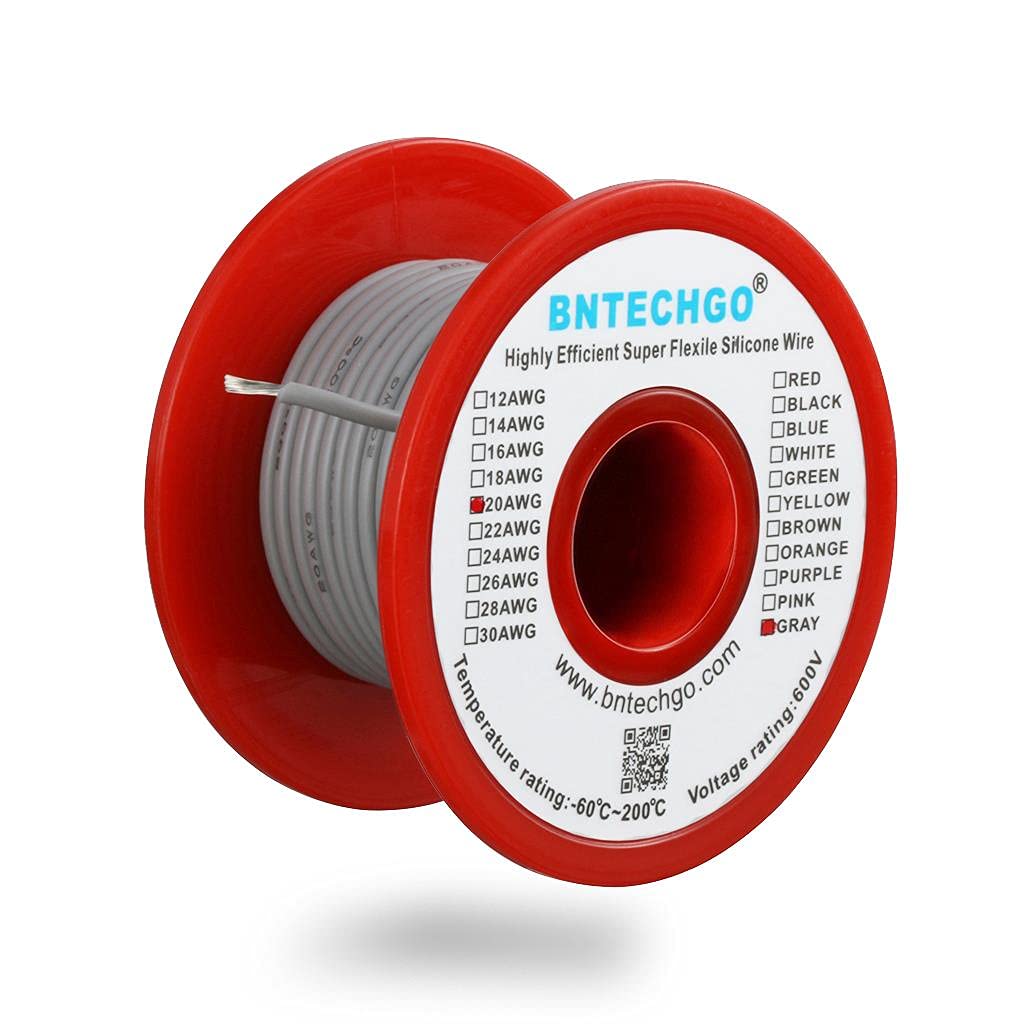 BNTECHGO 20 Gauge Silicone Wire Spool Gray 50 ft Ultra Flexible High Temp 200 deg C 600V 20 AWG Silicone Rubber Wire 100 Strands of Tinned Copper Wire Stranded Wire for Model Low Impedance