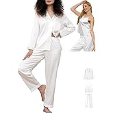 WJing Yi Jia Womens 3Pcs Silk Satin Pajamas Long Set Sexy Cami Top Pajama Sleepwear Silky Pj Sets Loungewear Pjs XS-4XL