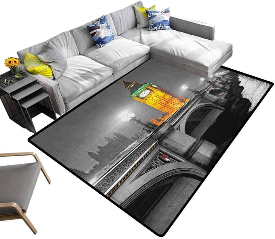 London Carpet The Big Ben and The Westminster Bridge at Night in UK Street River European Look Office Floor Mats for Carpet Grey Yellow (4'x6')