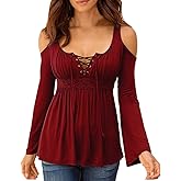 MOONCOLOUR Women's Cold Shoulder Lace Up Casual Tunic Solid Blouse Tops