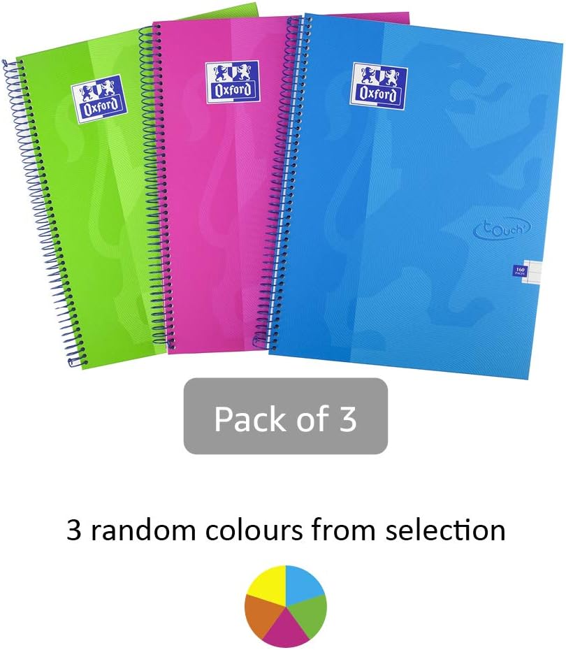 Oxford Touch A4 160 Page Wirebound Hardback Notebook Assorted Colours, Pack of 3
