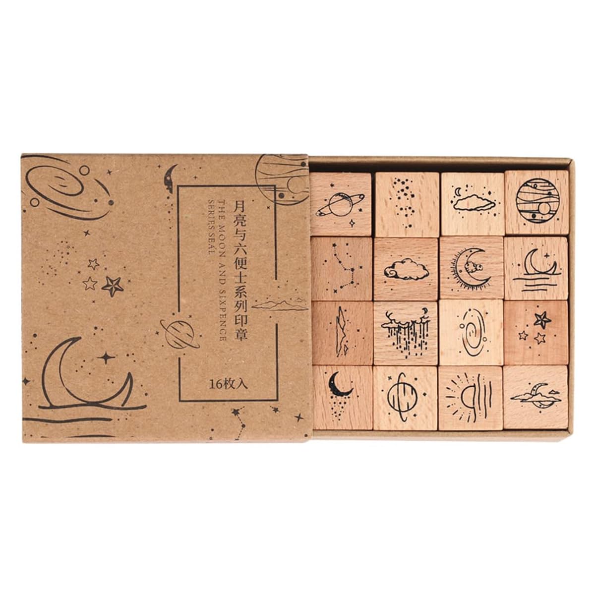 Namvo 16 Pcs Wood Rubber Stamp Set - Moon & Star Decorative Wooden Universe Planet Stamps for DIY Crafts, Card Making, Calendar
