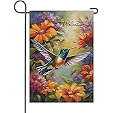 Welcome Spring Garden Flag 12x18 Inch Double Sided Hummingbird Flower Colorful Painting for Outside Yard Decoration Small