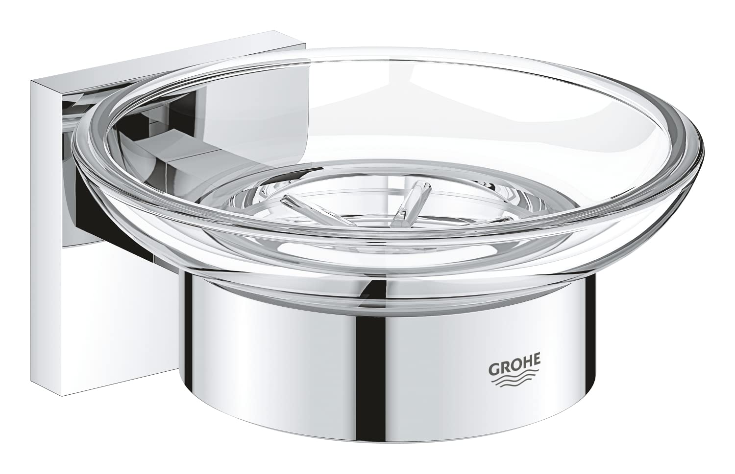 GROHE Start Cube Soap Dish with Holder (Material: Glass and Metal, Wall Mounted, Concealed Fastening, with Screws and Dowels), Size 125mm, Extra Easy to Fit with GROHE QuickGlue, Chrome, 41096000