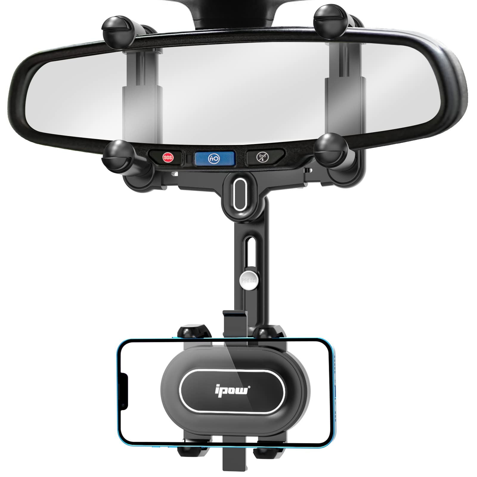 IPOW Large Rearview Mirror Phone Holder, Rotatable and Retractable, Anti-Shake Phone Mount for Car Compatible with iPhone 17/16/15/14/13/12/11 Pro Max, Samsung All 4-7 Inch Phones