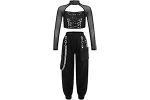 Sinleey Kids Girls 2Pcs Dance Tracksuit Shiny Crop Top with Cargo Pants Outfits for Hip Hop Sports Dancewear