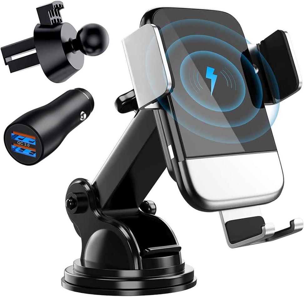 Wireless Car Charger, CTYBB Qi Auto-Clamping Air Vent Dashboard Car Phone Holder & QC3.0 Car Charger, 10W Compatible for Galaxy S10/S10+/S9,Charging for iPhone 11/11 Pro/11 Pro Max/XSMax/XS/XR/X/8P/8