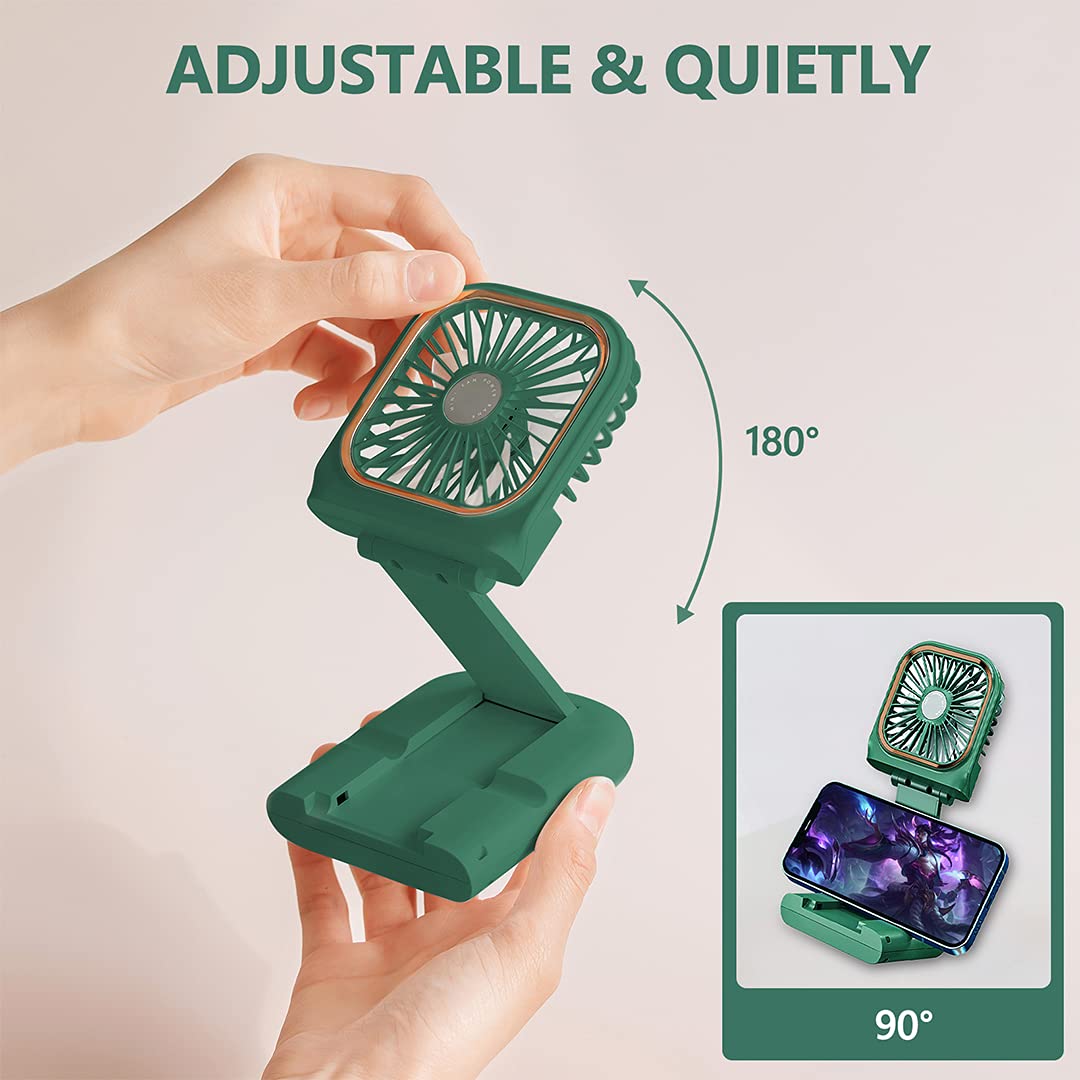 Portable Handheld Personal Necklace Fan Foldable Mini Quiet USB Rechargeable Fan With Mobile phone bracket function, 3000mAh Power Bank Hands Free Necklace Fans (Upgrade Green)