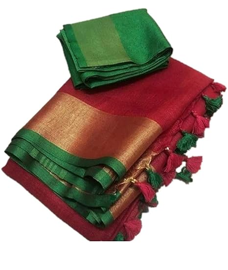 Women's Jivika Linen Slub Saree with Contrast Blouse (Red, Green)