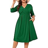 AMCLOS Womens Plus Size Dress V-Neck Elegant Cable Crossover Flowy 2 Pockets Roll up Long Sleeve Casual Party Maxi Dresses