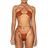 Women Cheeky Bikini Set Halter Thong Solid Color Adjustable Cinched String Two Piece Brazilian Swimsuit Triangle Bathing