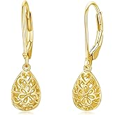 Filigree Leverback Earrings 14k Solid Gold Teardrop Earrings for Women Daisy Flower Leverback Heart Dangle Drop Earrings Jewelry Christmas Gifts for Her