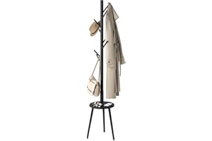 BMOSU Coat Rack freestanding Stand with Shelf Bamboo Wooden Coat Tree Easy Assembly 8 Hooks Standing Jackets Hanger Hallway Office Floor Coat Stand Black