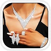 Aukmla Bridal Wedding Jewelry Set Silver Sparkly Rhinestones Necklace Earrings Bracelet Ring Sets Prom Costume Jewelry for Women and Brides
