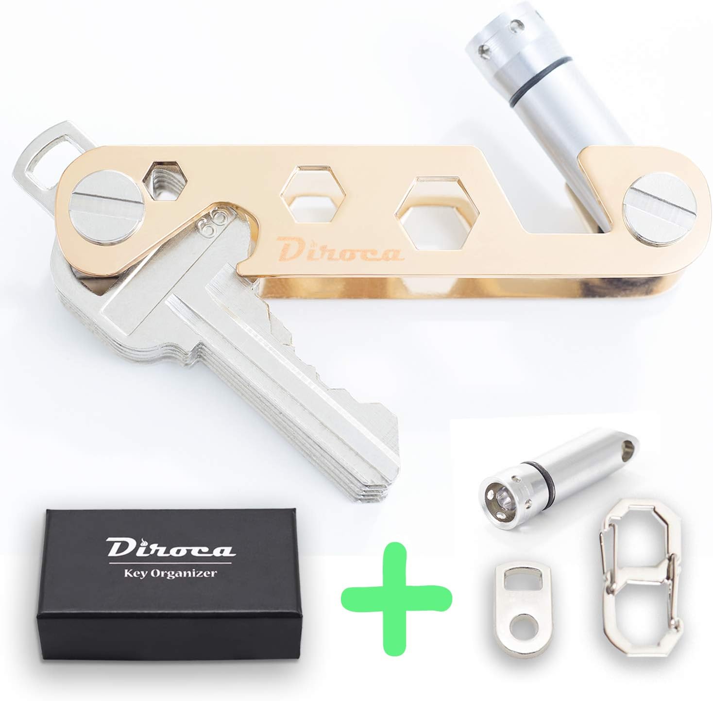 Key Organizer - Smart & Compact Key Holder | 2-24 Keys | 5 in 1 Multitool: Keychain, LED Light, Carabiner, Bottle Opener, Mini Wrench & Smartphone Stand + Key Loop & Expansion Pack (Gold)