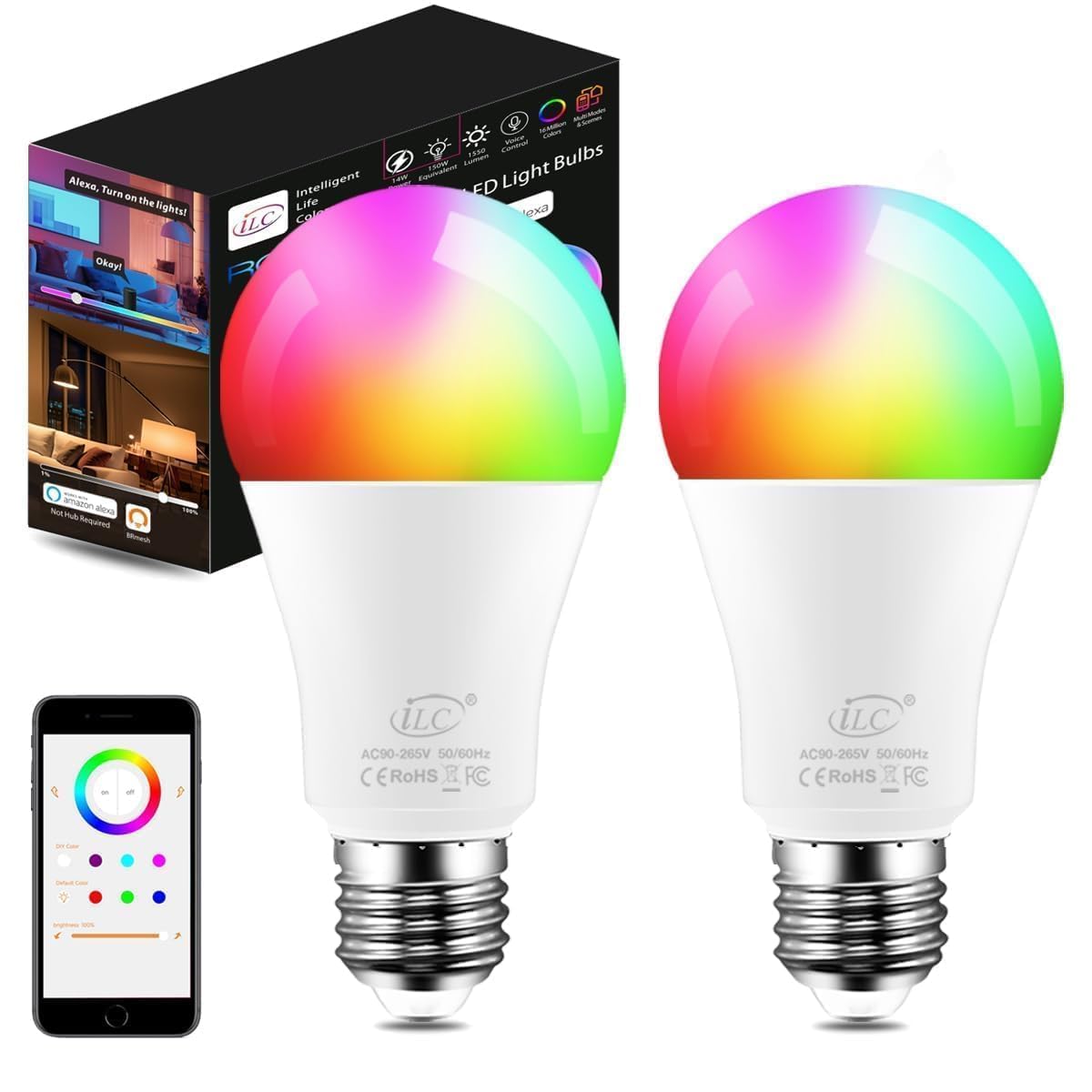 iLC Alexa Light Bulbs, Work with Alexa (Echo Devices Required), E27 Screw, LED Smart Light Bulb Colour Changing Light Bulb Cold White 6000K +RGB (2 Pack)