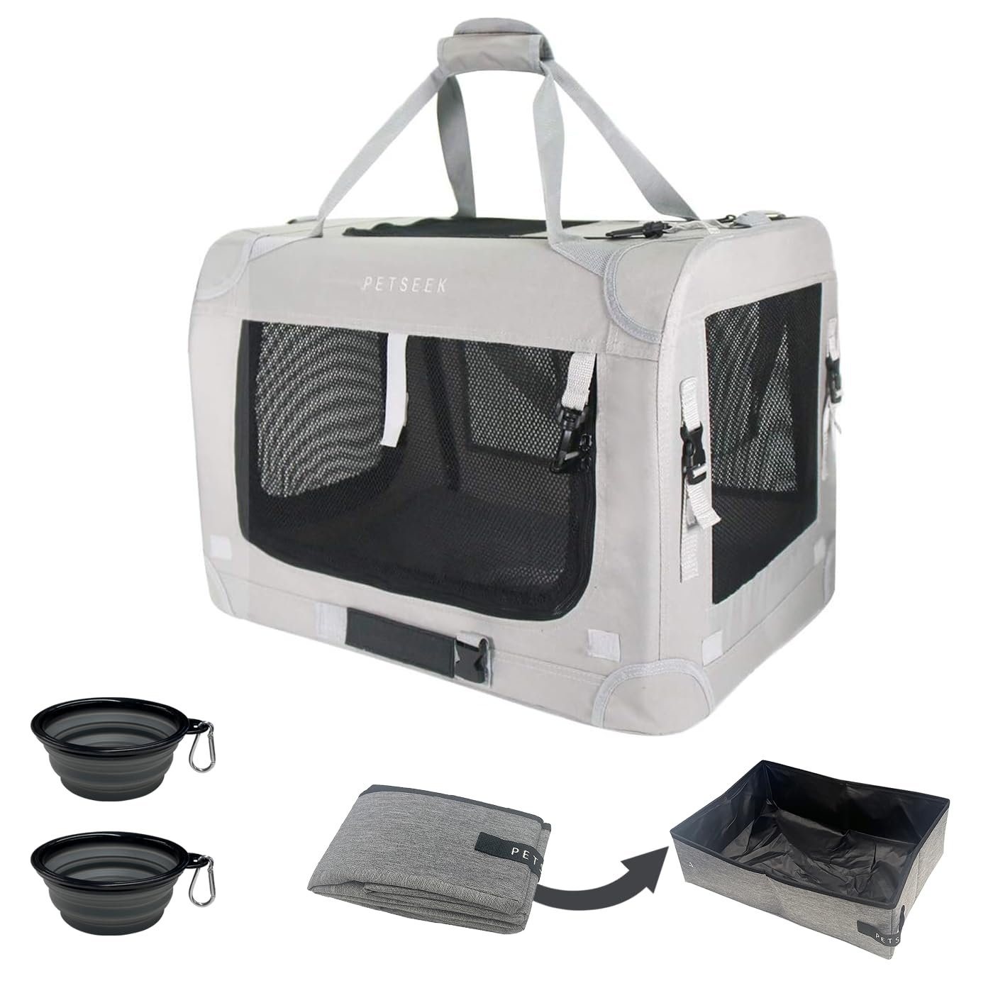 Photo 1 of Petseek Extra Extra Large Cat Carrier Soft Sided, Portable Small Dog Carrier for 2 Cats, 24"x16.5"x16" Car Travel Folding Comfortable Design with Litter Box and Bowls, Grey+ Litter Box+ Bowl*2