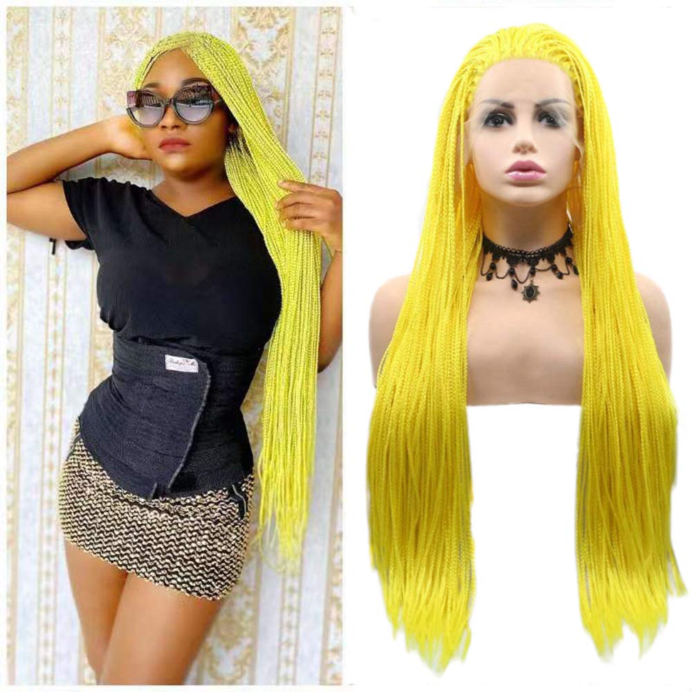 Micro Braided Wigs for Black Women Fluorescent Yellow Braid Lace Front Wig Long Box Braids Fashion Synthetic Frontal Lace Hair Wig Glueless Heat Resistant Fiber Hair Cosplay Party Daily 28inches