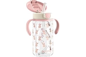 Evorie Tritan Spill Proof Toddler Straw Sippy Cup, 10 oz for Baby and Toddlers 1-3 Years Old, No Spill Straw Water Bottle with Removable Handles, Ideal for School, BPA-Free, Pink Rabbit