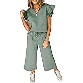 SHEWIN 2 Piece Sets Outfits for Women V Neck Collared Ruffle Short Sleeve Polo Shirts Quarter Zip Pullover Tops Lounge Set