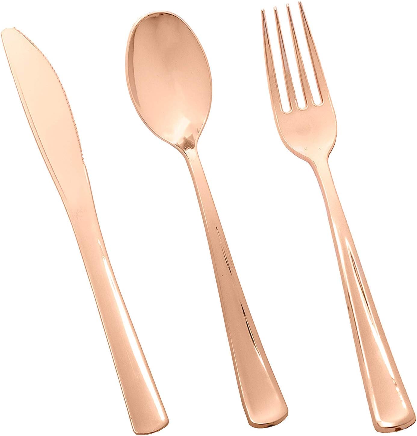 150 Piece Rose Gold Plastic Silverware Set - 50 Spoons, 50 Forks & 50 Knives - Bulk Disposable Cutlery for Party