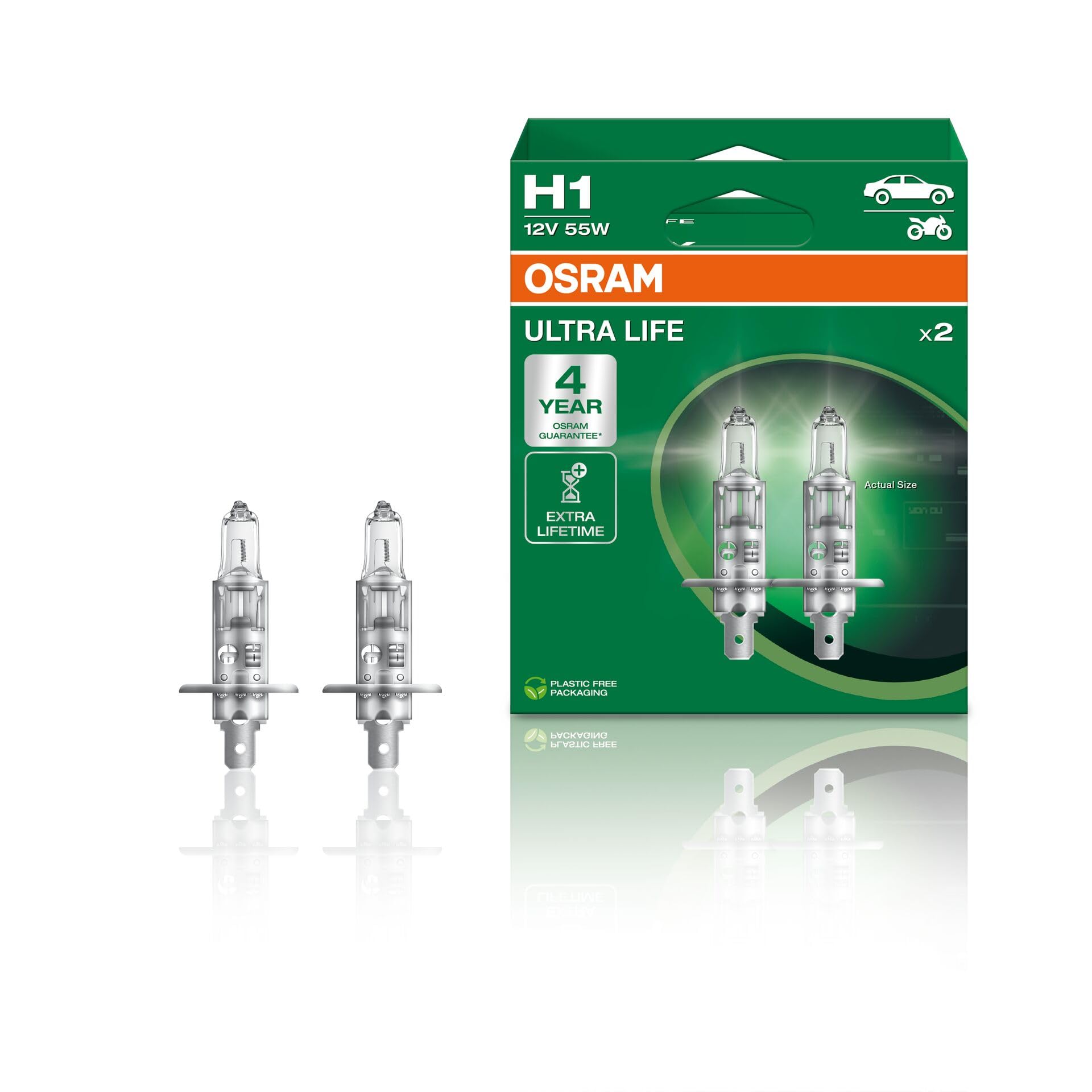 OSRAM ULTRA LIFE H1, halogen headlamp, 64150ULT-HCB, 12 V passenger car, duobox (2 units)