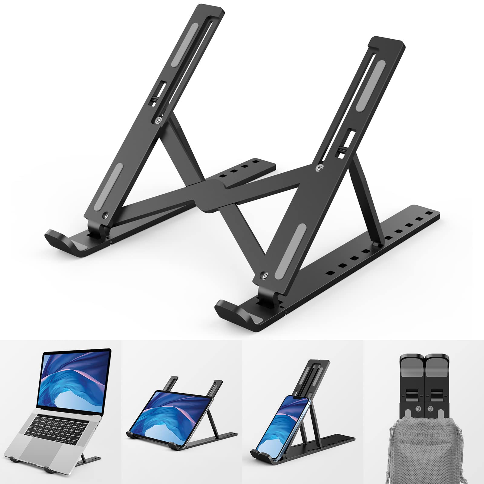 Portable Laptop Stand,10 Levels Height Adjustable Laptop Holder,Lightweight ABS+Silicone Foldable Laptops Riser,Notebook Cooling Stand PC Riser for All Laptops Tablets-Black