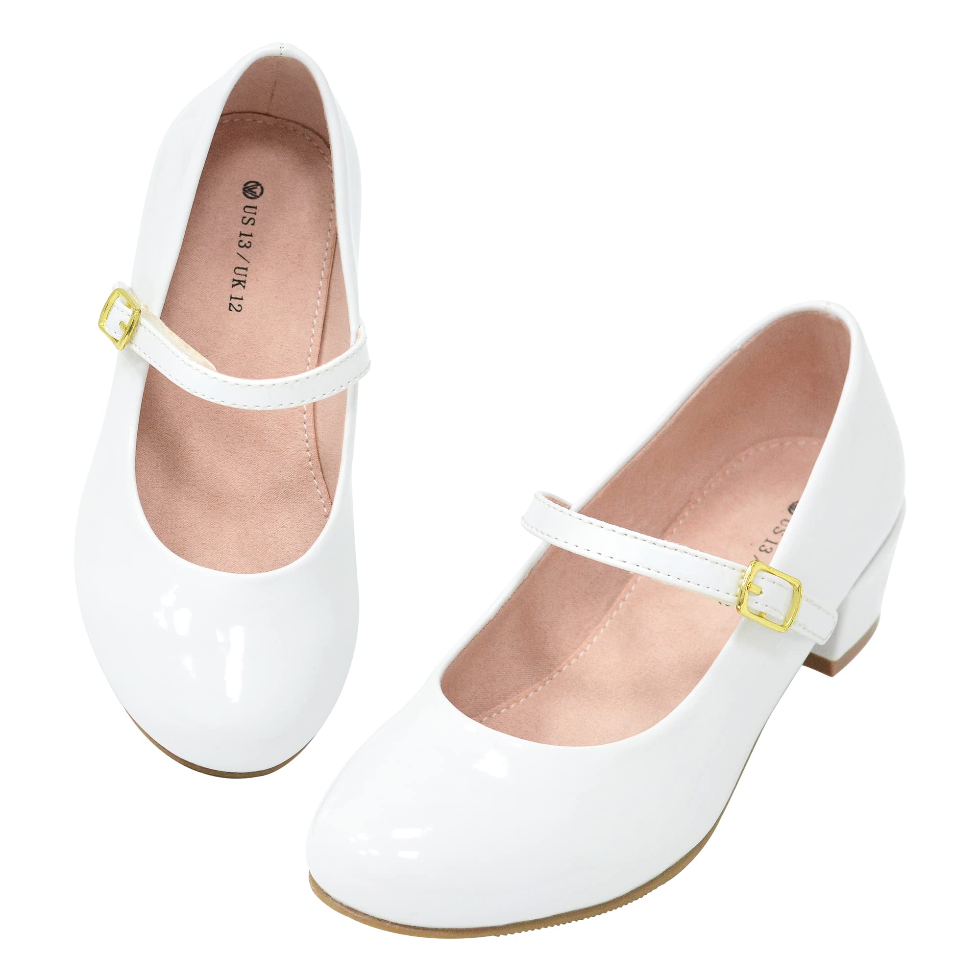 Photo 1 of LseLom Girls Dress Shoes-Mary Jane Shoes for Girls Low Heel Princess Hook and Loop Dance Shoes Party Wedding Flats for Big Girls White Pearl US 1