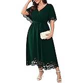 HICISI Womens Plus Size Wedding Guest Cocktail Dress Wrap V Neck A-Line Swing Maxi Dresses with Belt