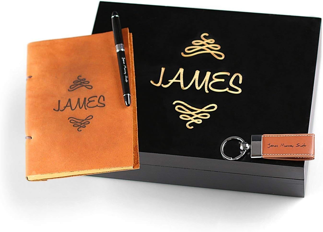 Leather Bespoke Mens Gift Set in Presentation Box - Journal, Key Chain, and Personalised Pen - Best Gift for Him - Use Your Own Logo or Create a New Design With Our Help