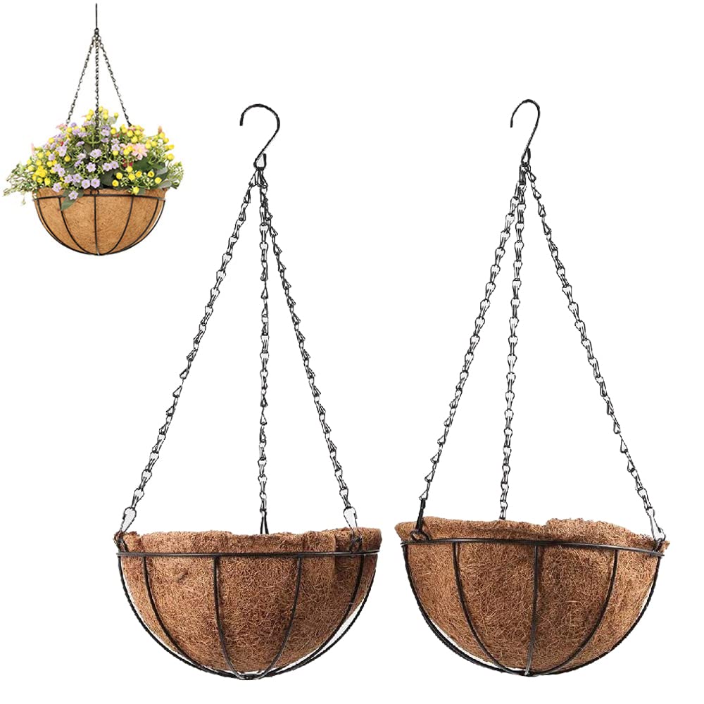 Pack of 2 Coconut Hanging Baskets, Decorative Hanging Baskets, Metal Hanging Basket, Hanging Plant Basket, with Coconut Liner, for Indoor and Outdoor Plant Growing