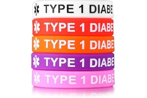 MEALGUET Pack of 5 Comfort Silicone Medical Alert ID Type 1 Diabetic Type 2 Diabetic Wristband Awareness Diabetic Bracelet for Kid Boys Girls, 6.7"