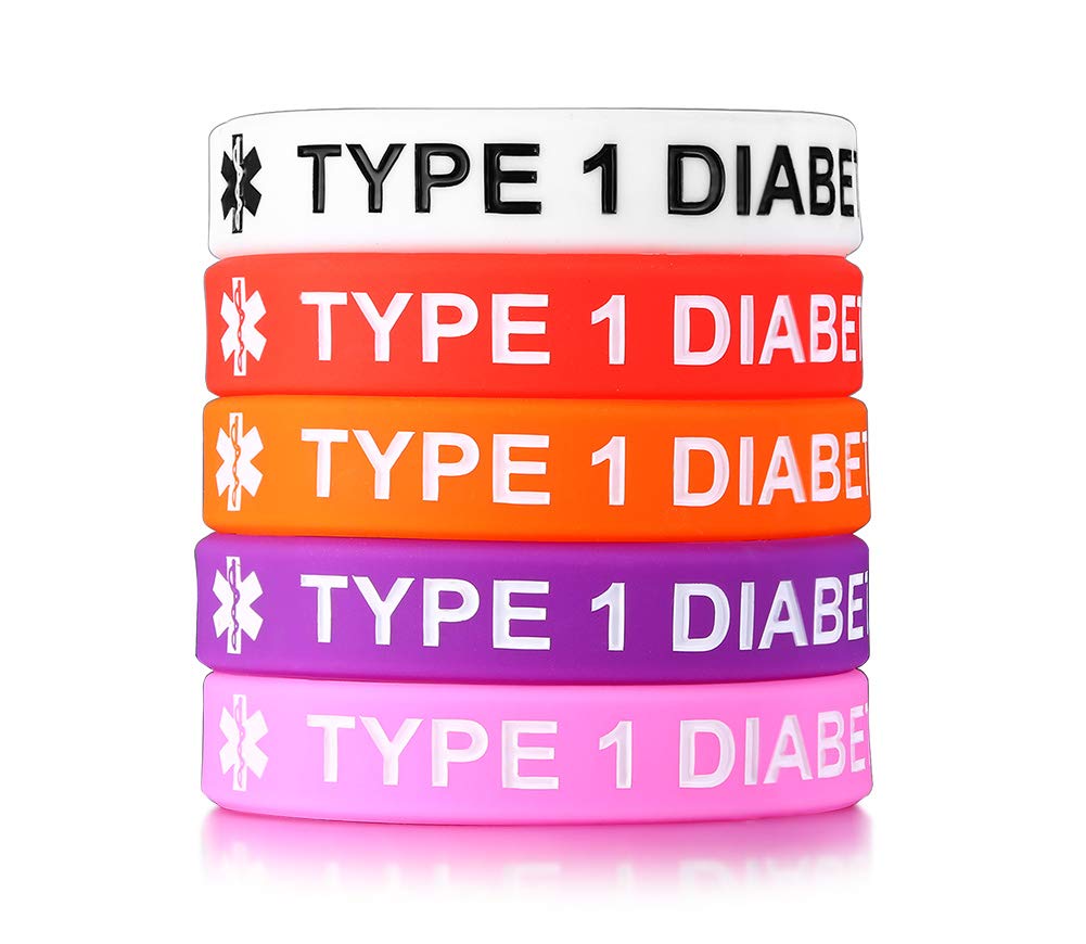 PJ JEWELLERY Pack of 5 Comfort Silicone Medical Alert ID Type 1 Diabetic Wristband Awareness Diabetic Bracelet for Kid Boys Girls,6.7"